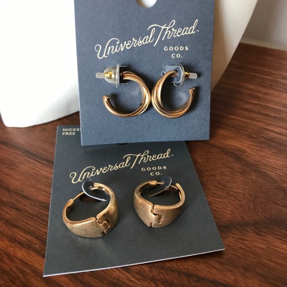 NWT - 2 pairs Universal Thread gold tone hoop / semi-hoop earrings new on card